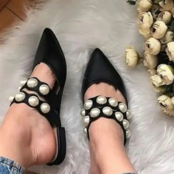 Zara Basic Collection Black Leather Mules w/ Pearl Accent Straps. Size 39. NWOT. - Picture 7 of 15